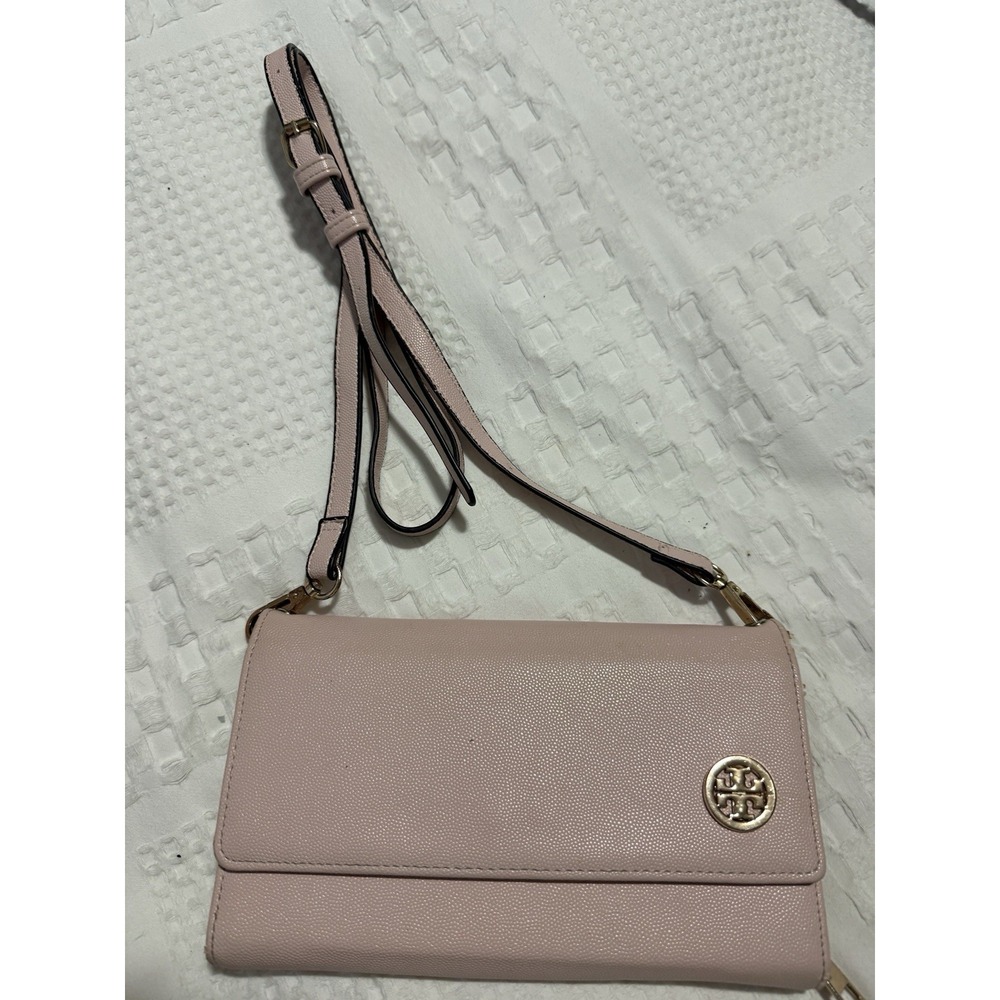 Tory Burch Pink Wristlet Wallet Logo Zipper Strap Snap Coin Pocket Card ID